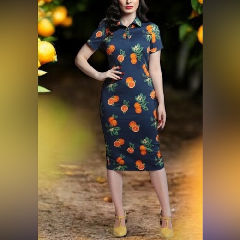 Collectif London Mirtilla Oranges Pencil Dress Blue Retro Rockabilly Size S UK10
